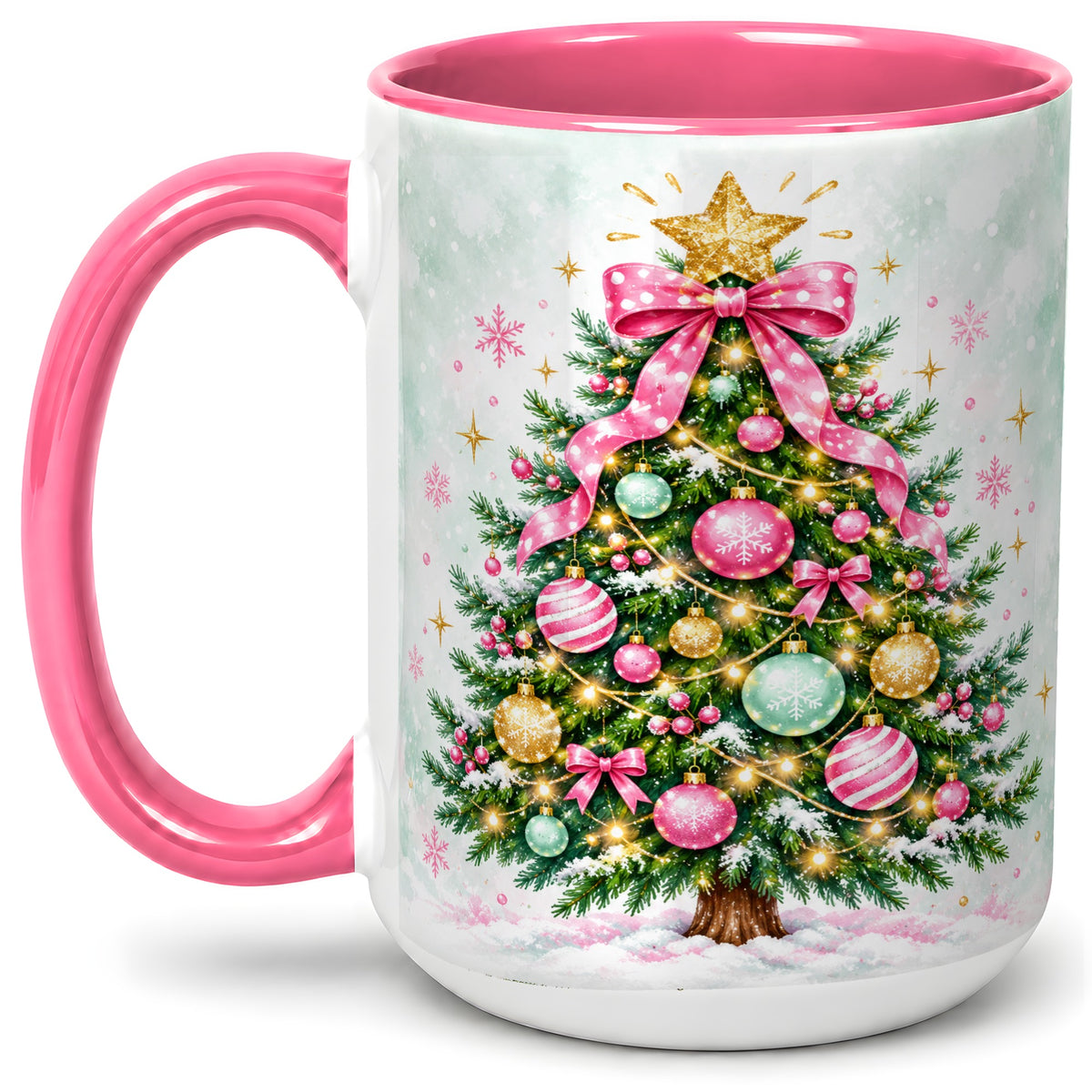 #pl[15oz|Pink] Pink Bow Christmas Tree Accent Mug, Ceramic Pastel Holiday Cup