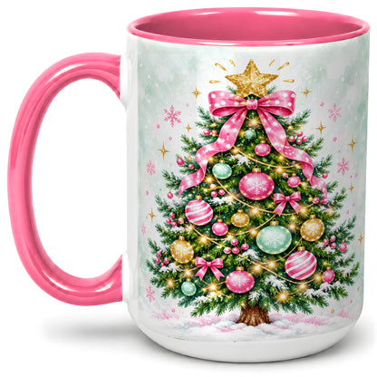 #pl[15oz|Pink] Pink Bow Christmas Tree Accent Mug, Ceramic Pastel Holiday Cup