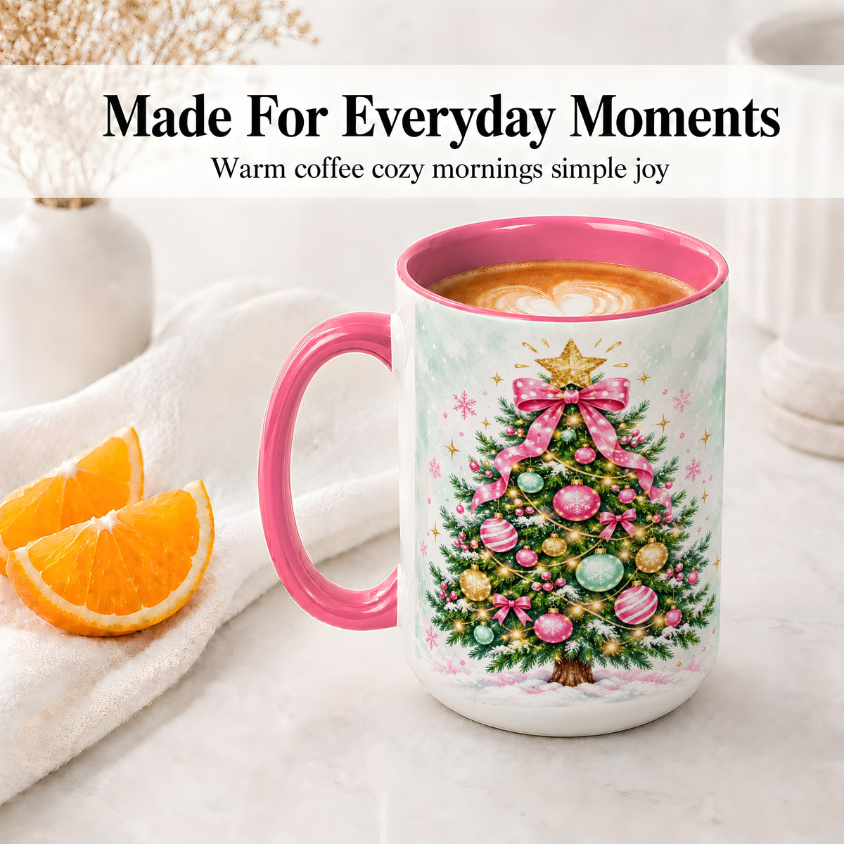 #pl[15oz|Pink] Pink Bow Christmas Tree Accent Mug, Ceramic Pastel Holiday Cup