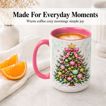 #pl[15oz|Pink] Pink Bow Christmas Tree Accent Mug, Ceramic Pastel Holiday Cup