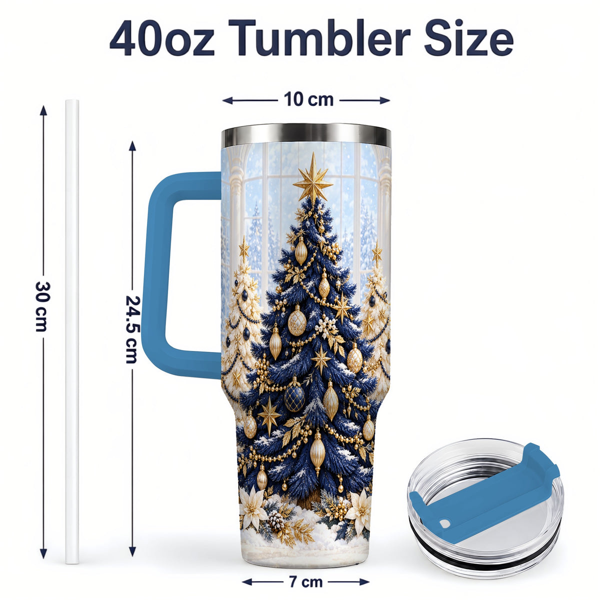 #pl[40oz|Blue] Navy Blue Christmas Trees 40oz Handled Tumbler, Gold Holiday Artwork