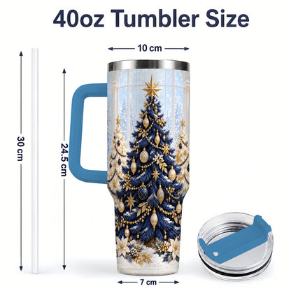 #pl[40oz|Blue] Navy Blue Christmas Trees 40oz Handled Tumbler, Gold Holiday Artwork