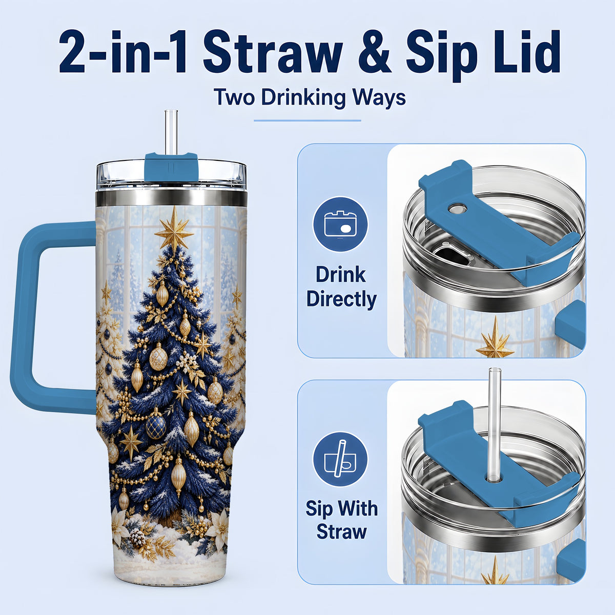 #pl[40oz|Blue] Navy Blue Christmas Trees 40oz Handled Tumbler, Gold Holiday Artwork