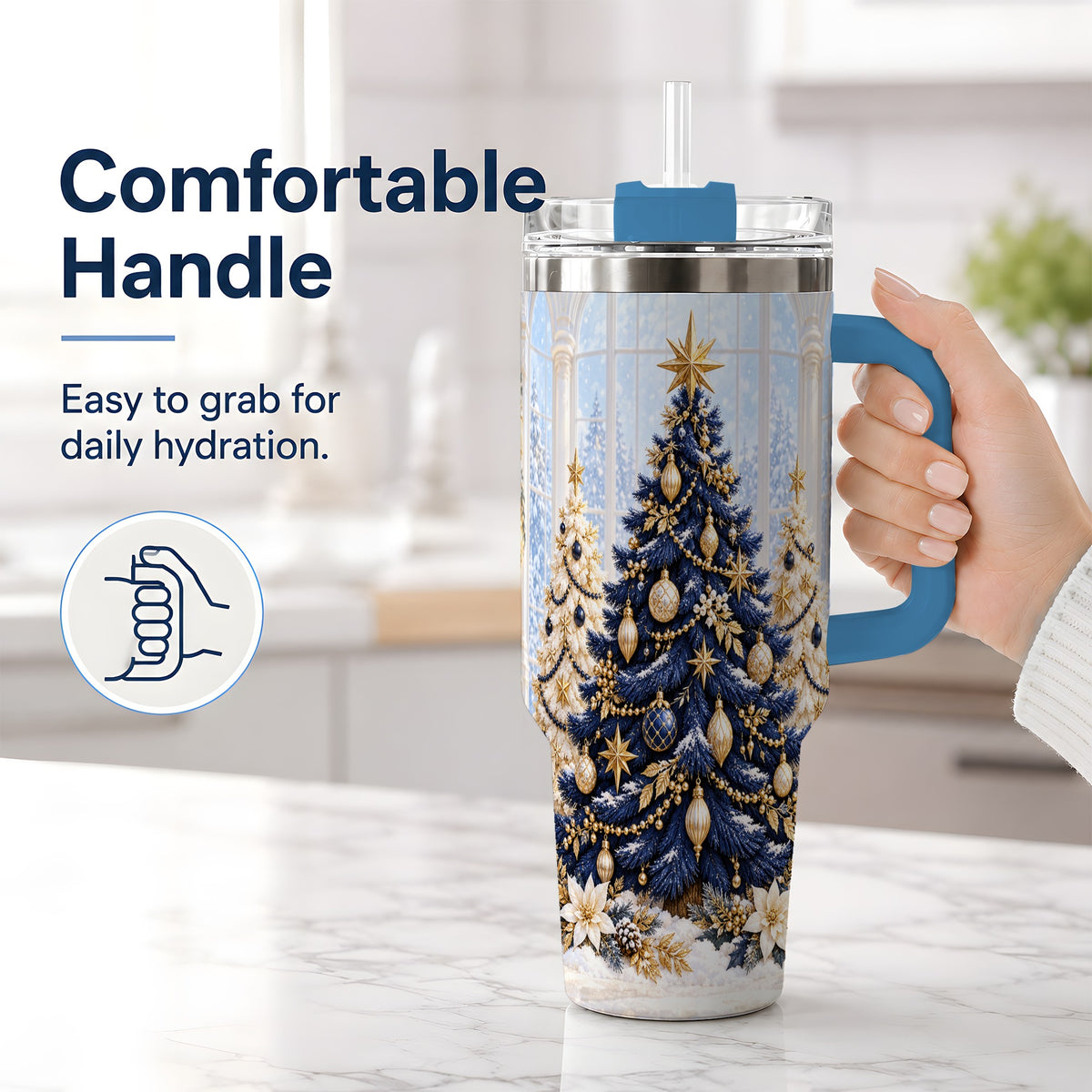 #pl[40oz|Blue] Navy Blue Christmas Trees 40oz Handled Tumbler, Gold Holiday Artwork