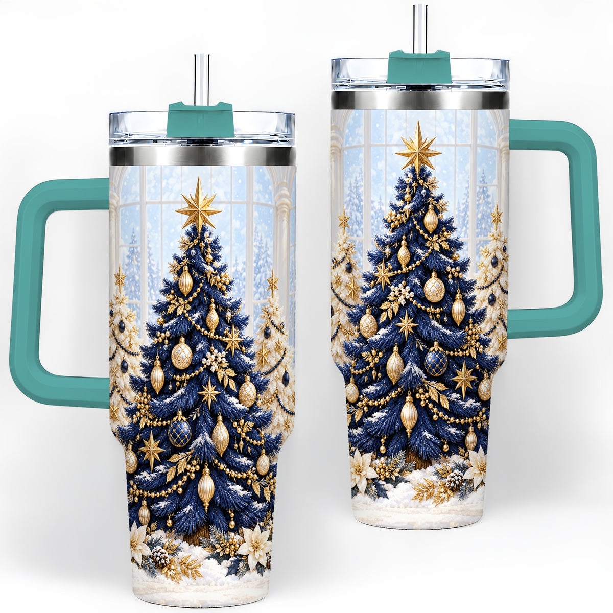 #pl[40oz|Green] Navy Blue Christmas Trees 40oz Handled Tumbler, Gold Holiday Artwork