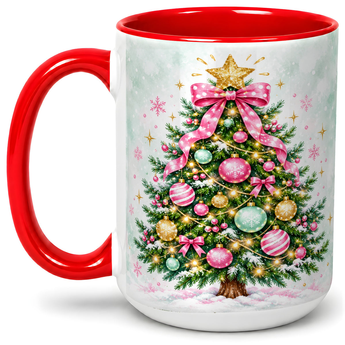 #pl[15oz|Red] Pink Bow Christmas Tree Accent Mug, Ceramic Pastel Holiday Cup