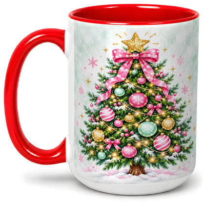 #pl[15oz|Red] Pink Bow Christmas Tree Accent Mug, Ceramic Pastel Holiday Cup