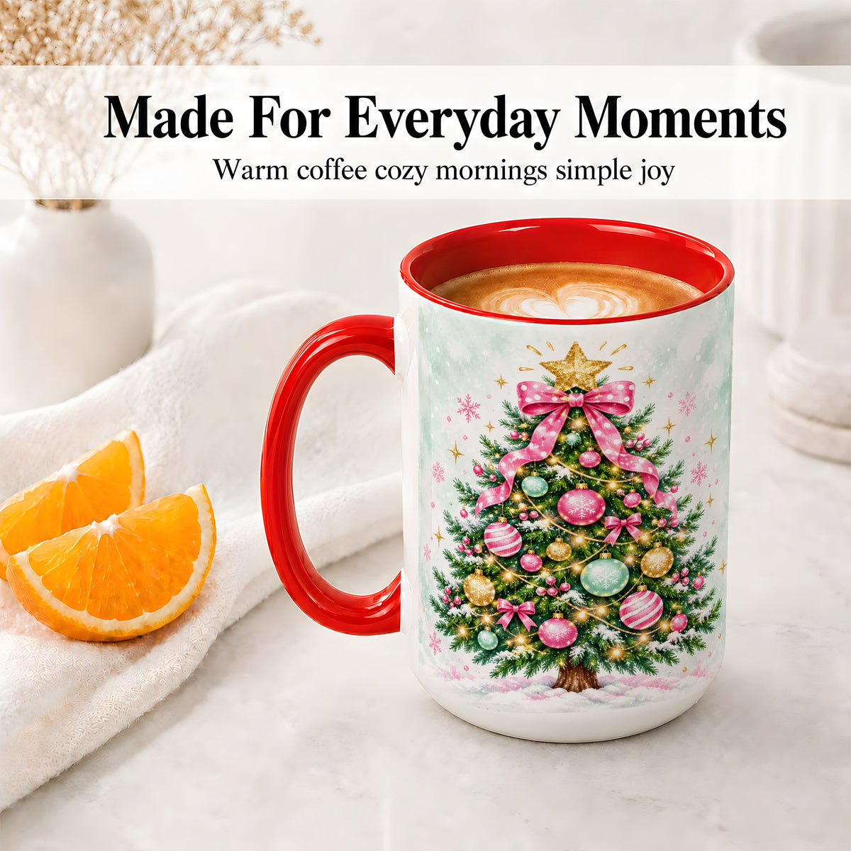#pl[15oz|Red] Pink Bow Christmas Tree Accent Mug, Ceramic Pastel Holiday Cup