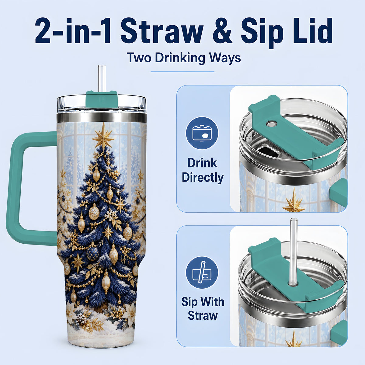 #pl[40oz|Green] Navy Blue Christmas Trees 40oz Handled Tumbler, Gold Holiday Artwork