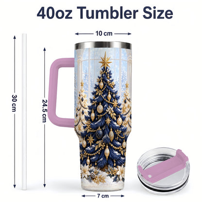 #pl[40oz|Pink] Navy Blue Christmas Trees 40oz Handled Tumbler, Gold Holiday Artwork