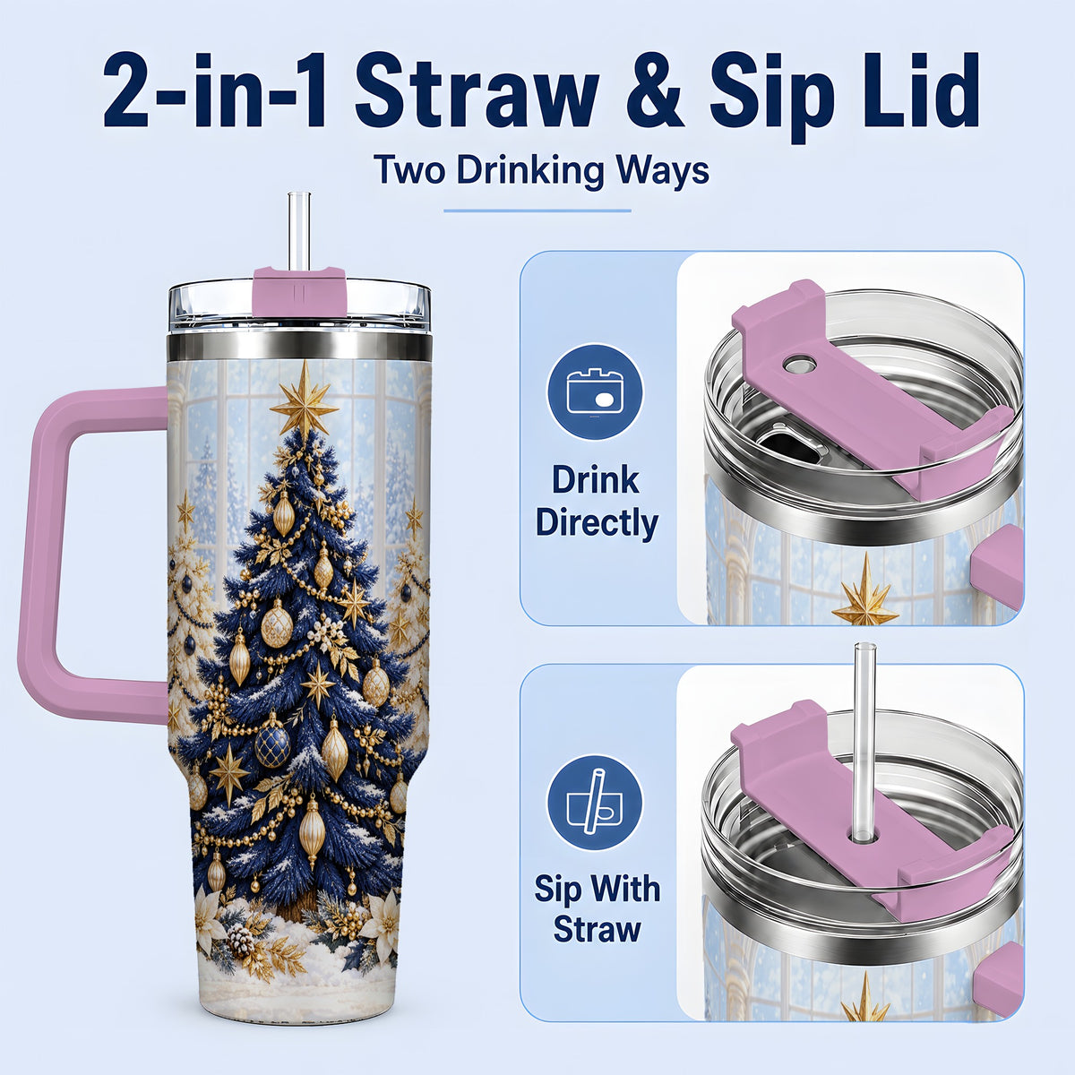 #pl[40oz|Pink] Navy Blue Christmas Trees 40oz Handled Tumbler, Gold Holiday Artwork