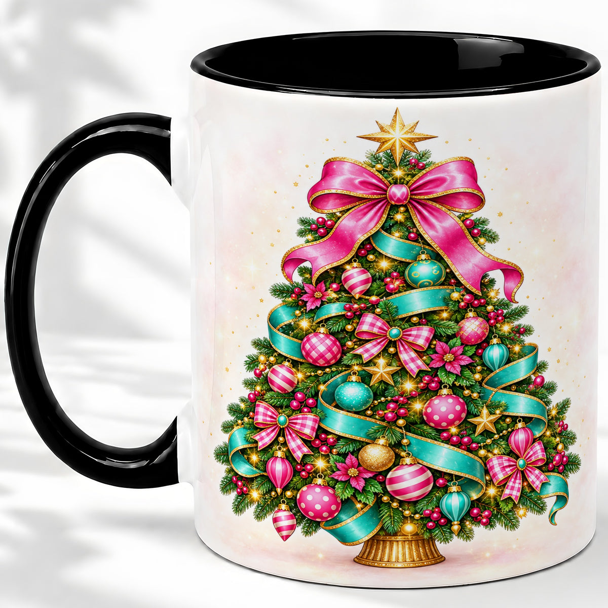 #pl[11oz|Black] Colorful Christmas Tree Accent Mug, Ceramic Holiday Coffee Cup