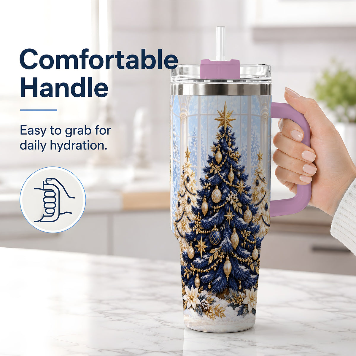 #pl[40oz|Pink] Navy Blue Christmas Trees 40oz Handled Tumbler, Gold Holiday Artwork