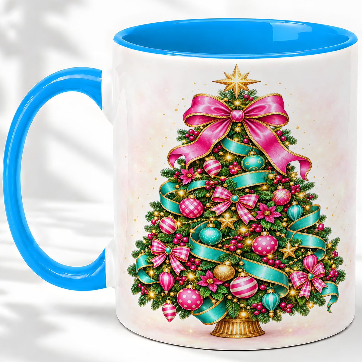 #pl[11oz|Blue] Colorful Christmas Tree Accent Mug, Ceramic Holiday Coffee Cup