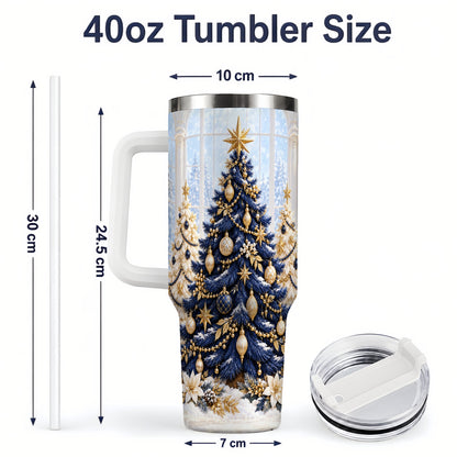 #pl[40oz|White] Navy Blue Christmas Trees 40oz Handled Tumbler, Gold Holiday Artwork