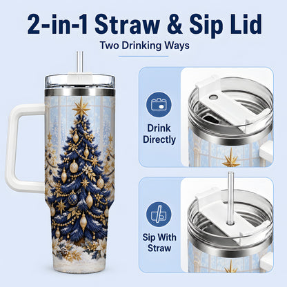 #pl[40oz|White] Navy Blue Christmas Trees 40oz Handled Tumbler, Gold Holiday Artwork