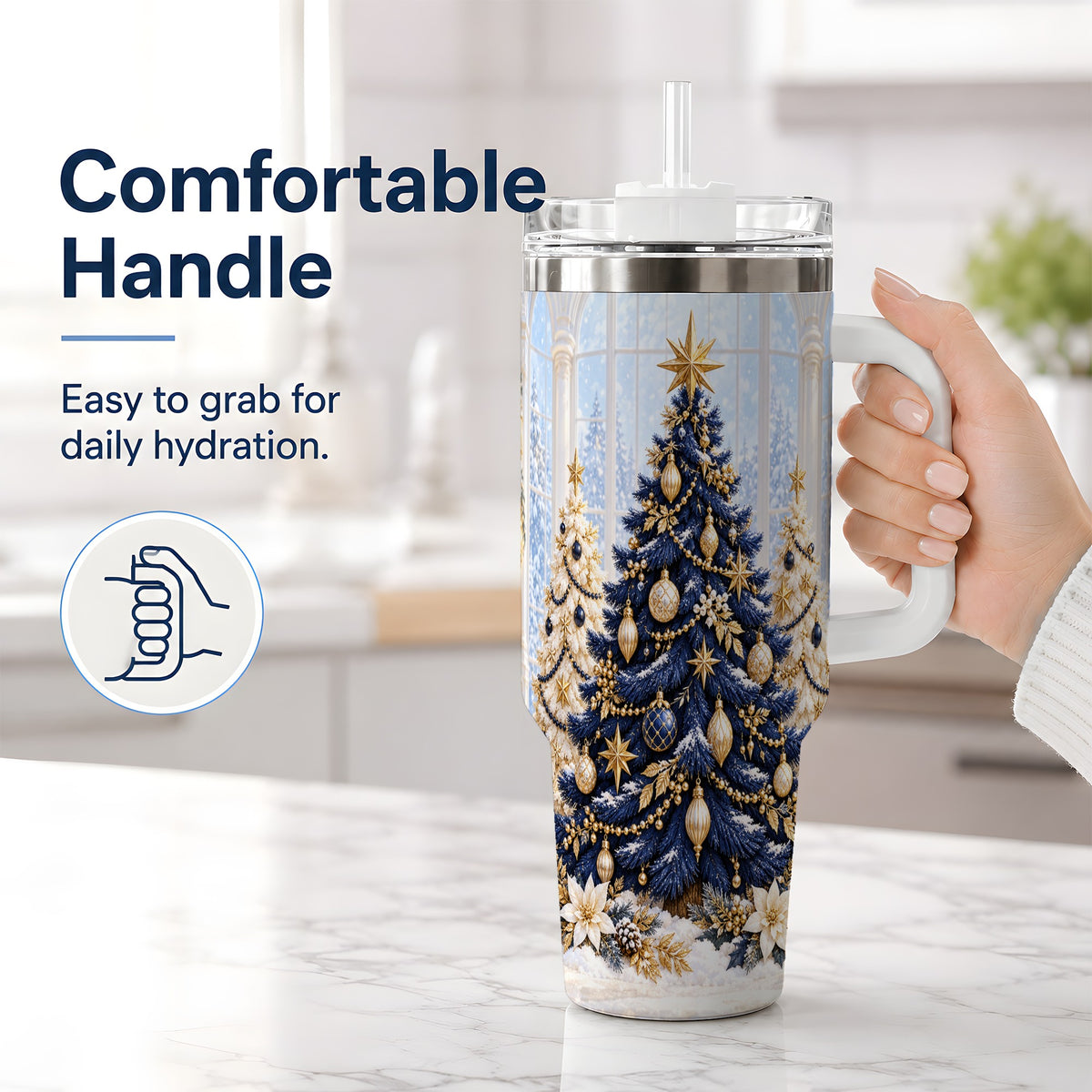 #pl[40oz|White] Navy Blue Christmas Trees 40oz Handled Tumbler, Gold Holiday Artwork