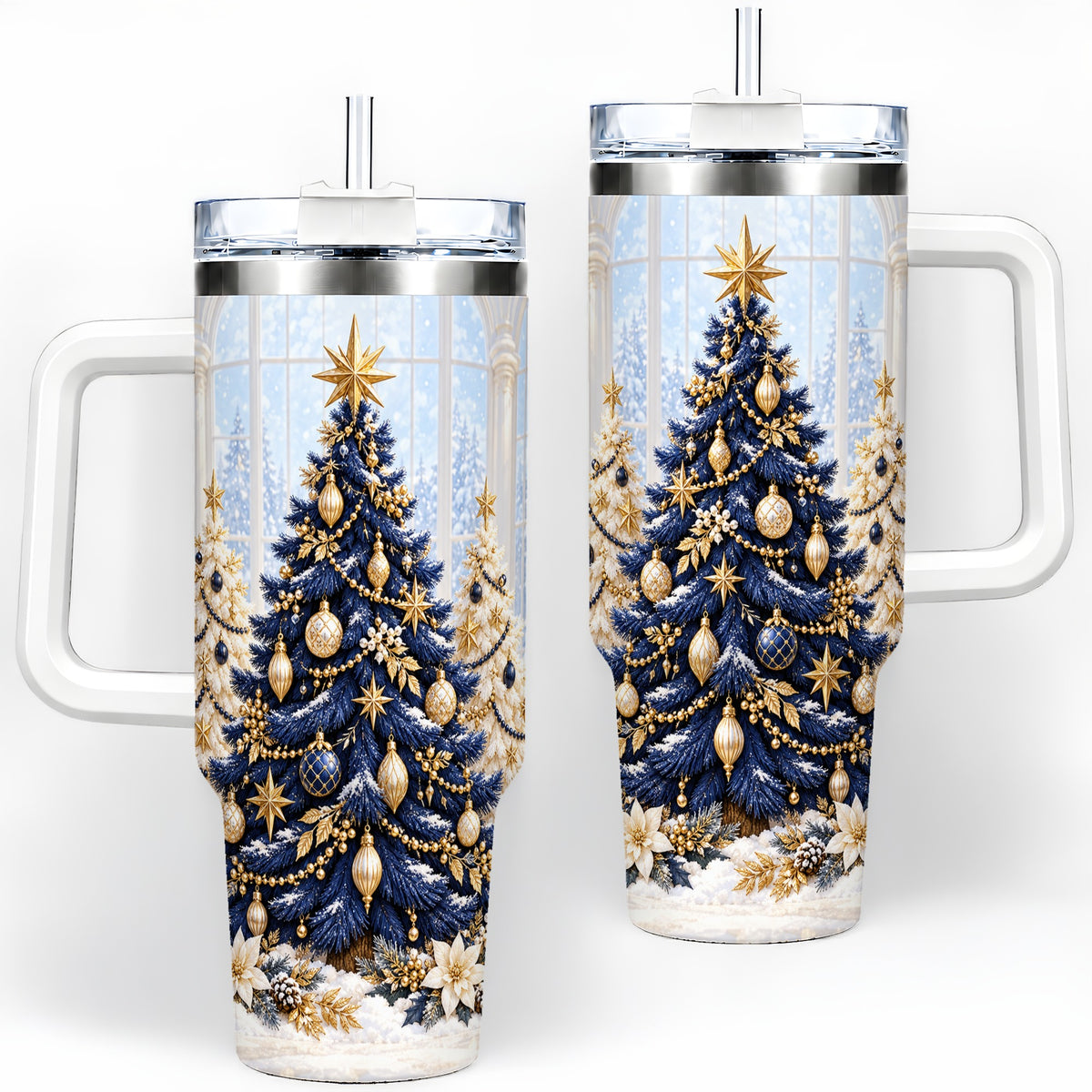 Navy Blue Christmas Trees 40oz Handled Tumbler, Gold Holiday Artwork