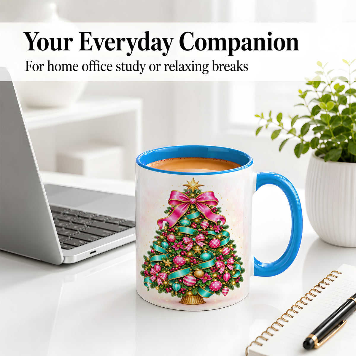 #pl[11oz|Blue] Colorful Christmas Tree Accent Mug, Ceramic Holiday Coffee Cup