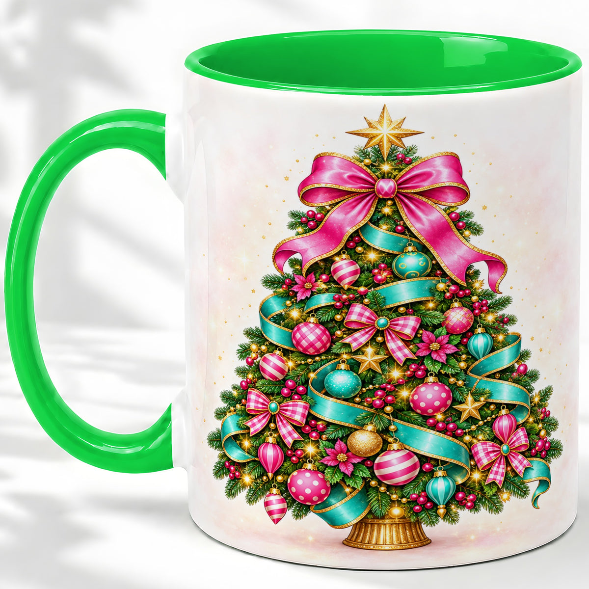 #pl[11oz|Green] Colorful Christmas Tree Accent Mug, Ceramic Holiday Coffee Cup