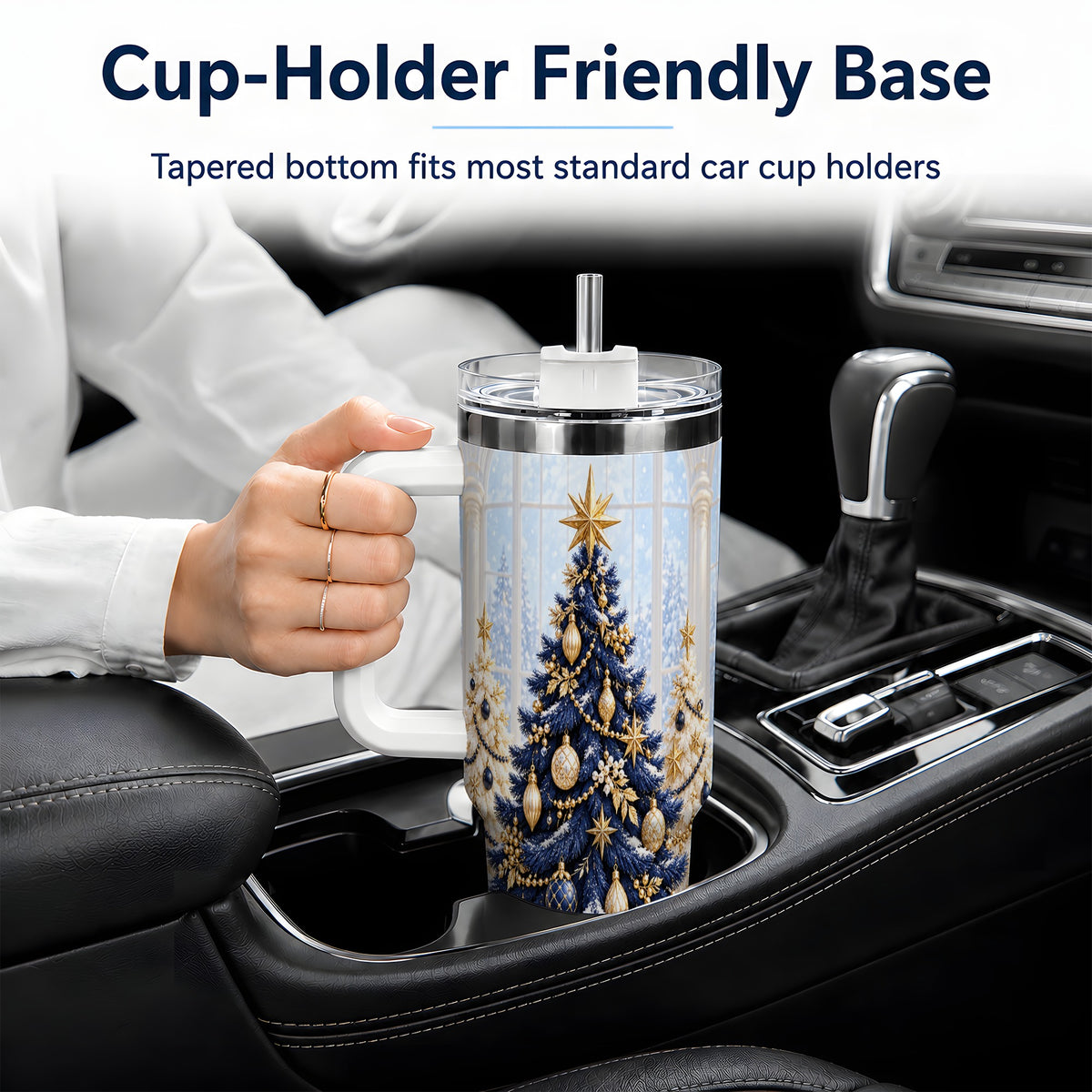 Navy Blue Christmas Trees 40oz Handled Tumbler, Gold Holiday Artwork
