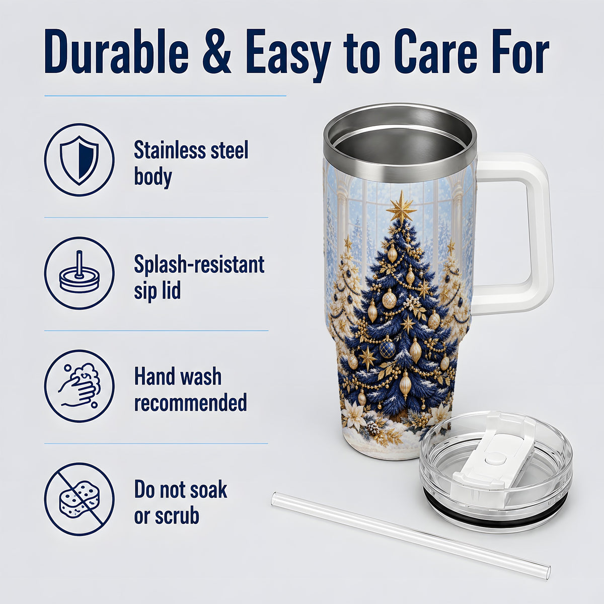 Navy Blue Christmas Trees 40oz Handled Tumbler, Gold Holiday Artwork