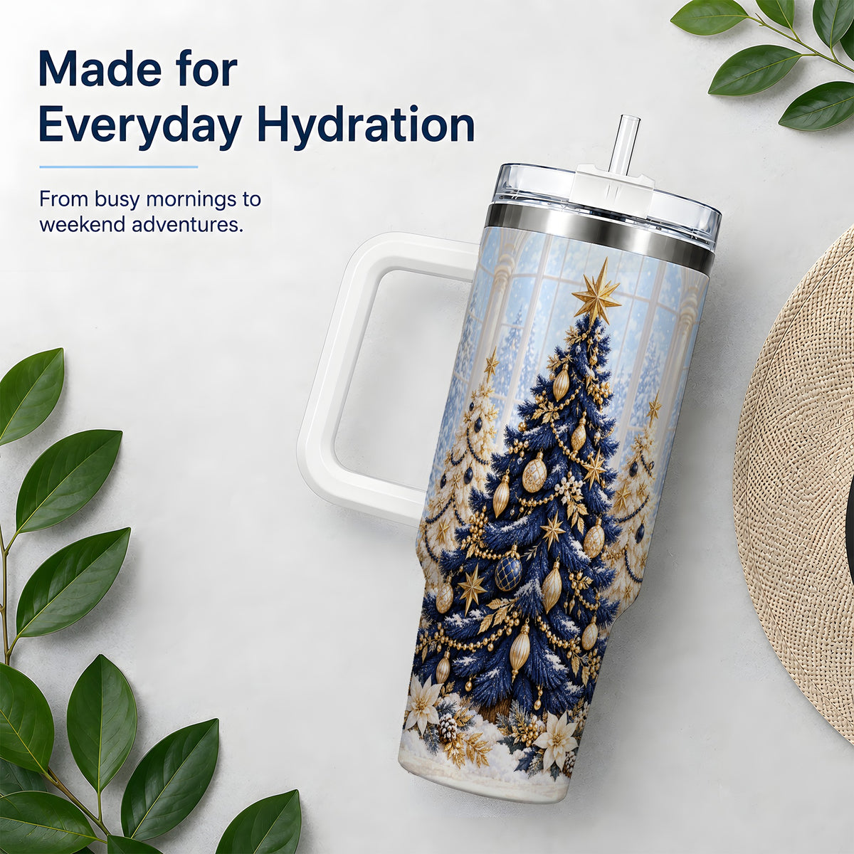 Navy Blue Christmas Trees 40oz Handled Tumbler, Gold Holiday Artwork