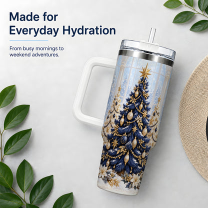 Navy Blue Christmas Trees 40oz Handled Tumbler, Gold Holiday Artwork
