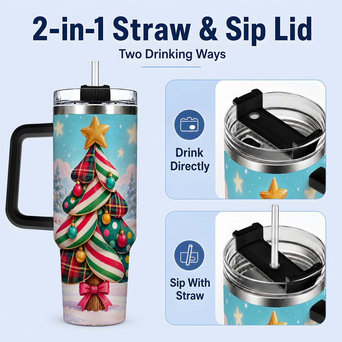 #pl[40oz|Black] Plaid Christmas Tree 40oz Handled Tumbler, Festive Winter Drinkware