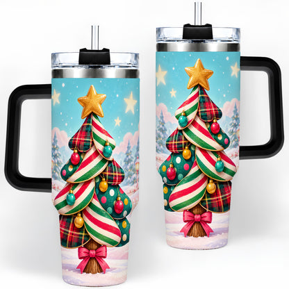 #pl[40oz|Black] Plaid Christmas Tree 40oz Handled Tumbler, Festive Winter Drinkware