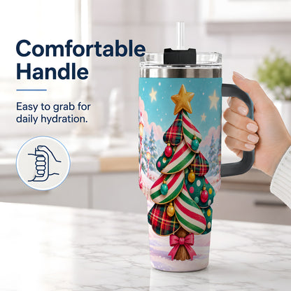 #pl[40oz|Black] Plaid Christmas Tree 40oz Handled Tumbler, Festive Winter Drinkware