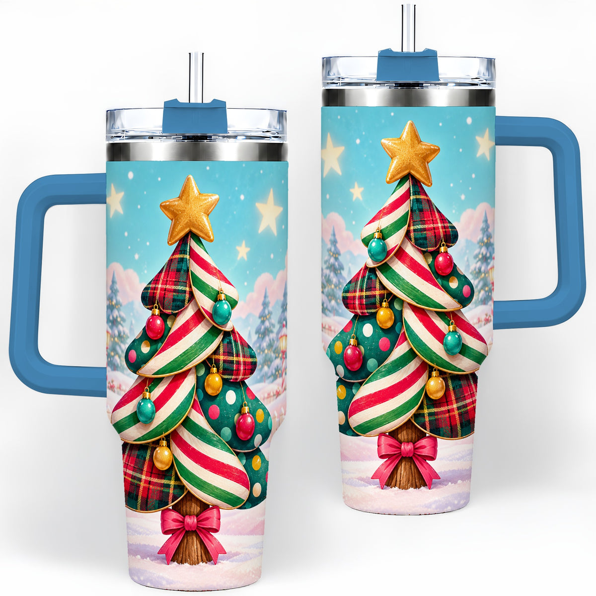 #pl[40oz|Blue] Plaid Christmas Tree 40oz Handled Tumbler, Festive Winter Drinkware