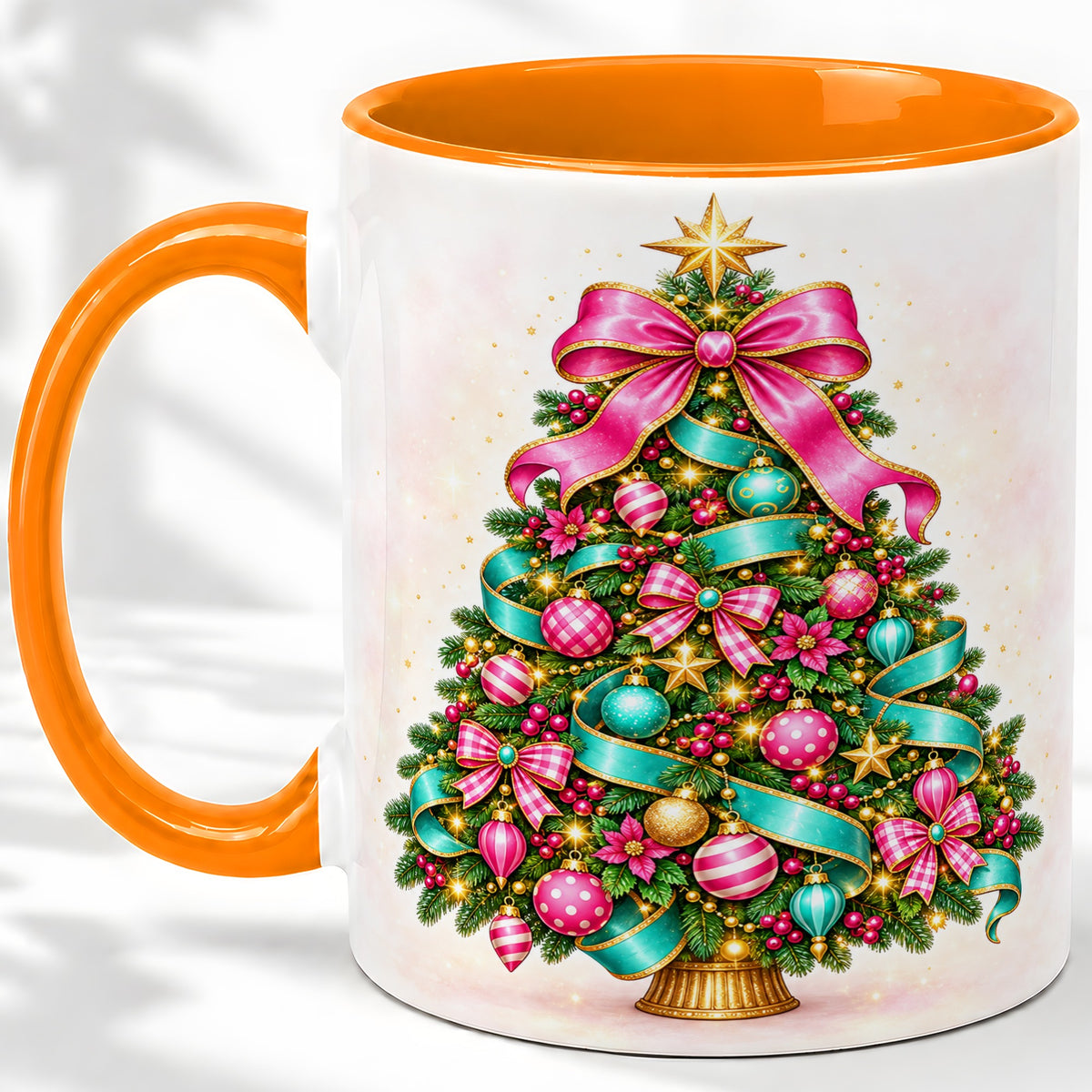 #pl[11oz|Orange] Colorful Christmas Tree Accent Mug, Ceramic Holiday Coffee Cup