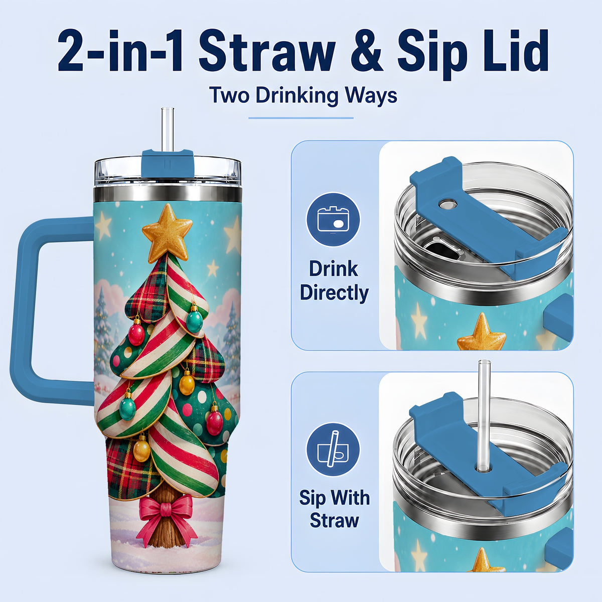 #pl[40oz|Blue] Plaid Christmas Tree 40oz Handled Tumbler, Festive Winter Drinkware