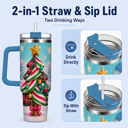 #pl[40oz|Blue] Plaid Christmas Tree 40oz Handled Tumbler, Festive Winter Drinkware