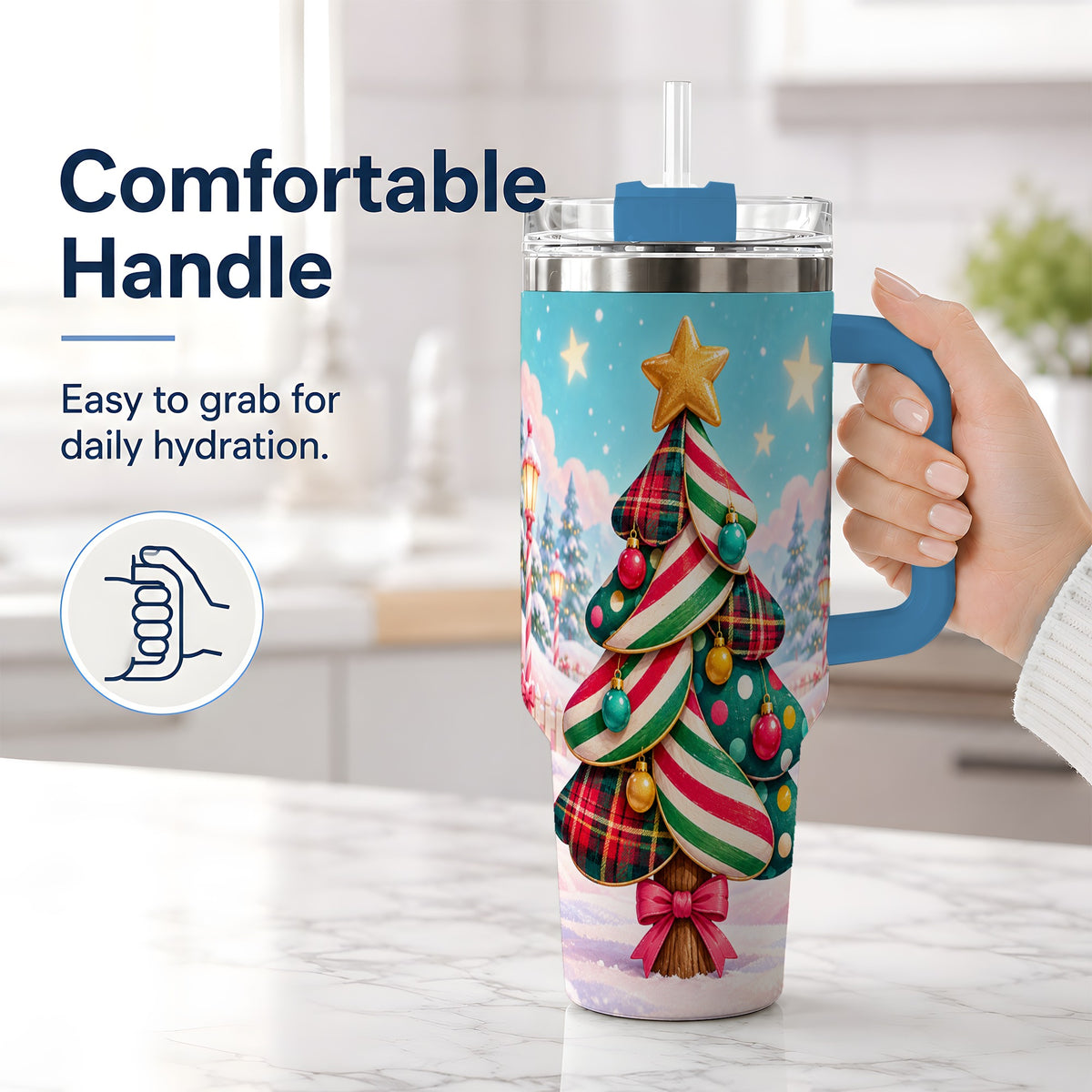 #pl[40oz|Blue] Plaid Christmas Tree 40oz Handled Tumbler, Festive Winter Drinkware