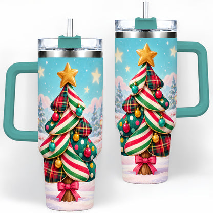 #pl[40oz|Green] Plaid Christmas Tree 40oz Handled Tumbler, Festive Winter Drinkware