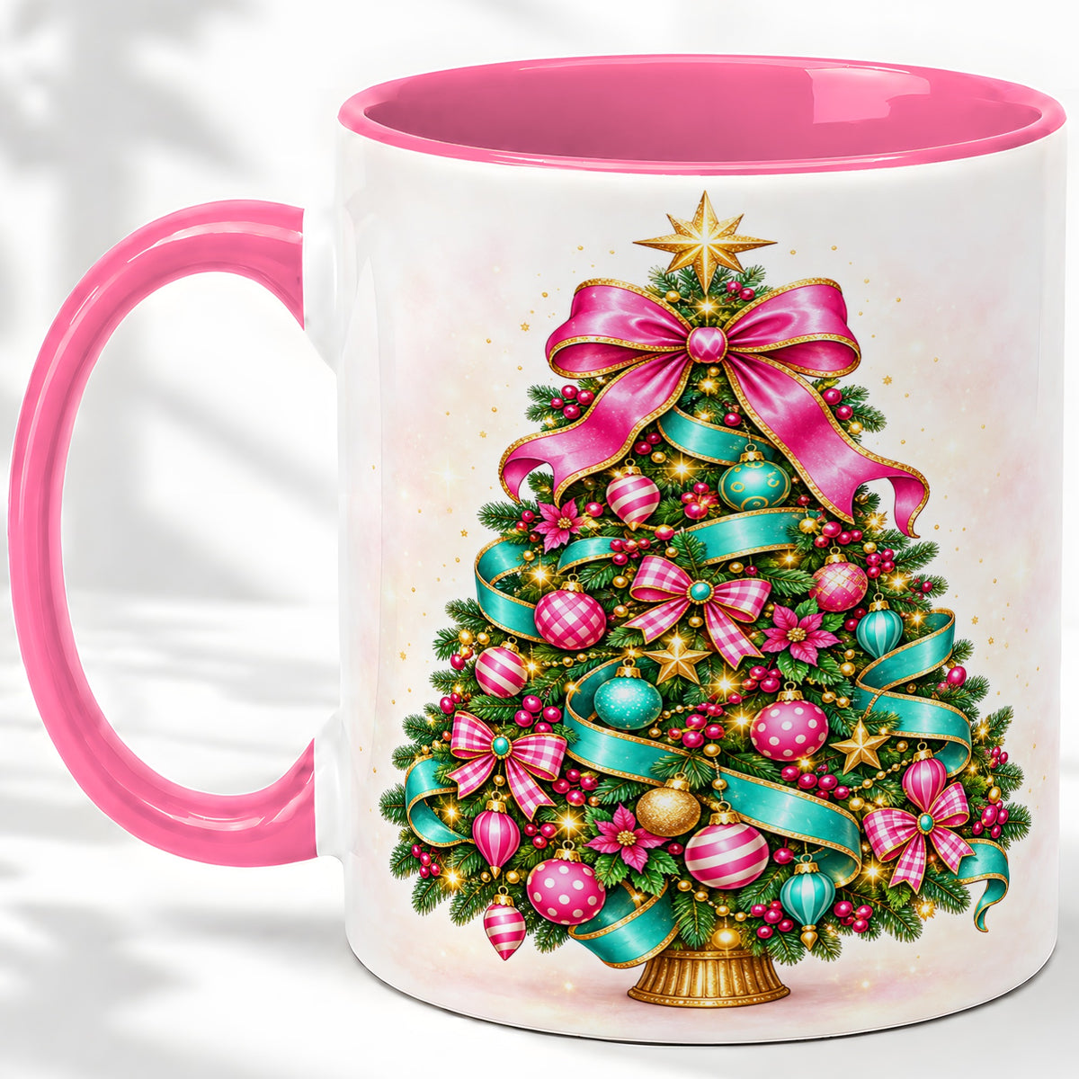 #pl[11oz|Pink] Colorful Christmas Tree Accent Mug, Ceramic Holiday Coffee Cup