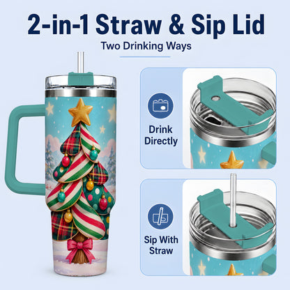 #pl[40oz|Green] Plaid Christmas Tree 40oz Handled Tumbler, Festive Winter Drinkware