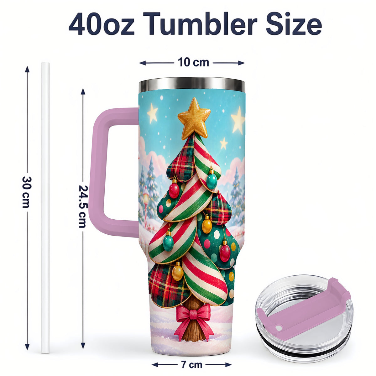 #pl[40oz|Pink] Plaid Christmas Tree 40oz Handled Tumbler, Festive Winter Drinkware