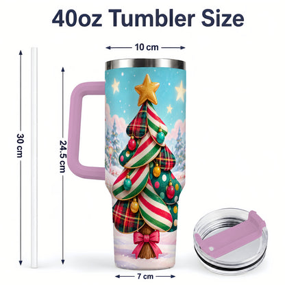 #pl[40oz|Pink] Plaid Christmas Tree 40oz Handled Tumbler, Festive Winter Drinkware