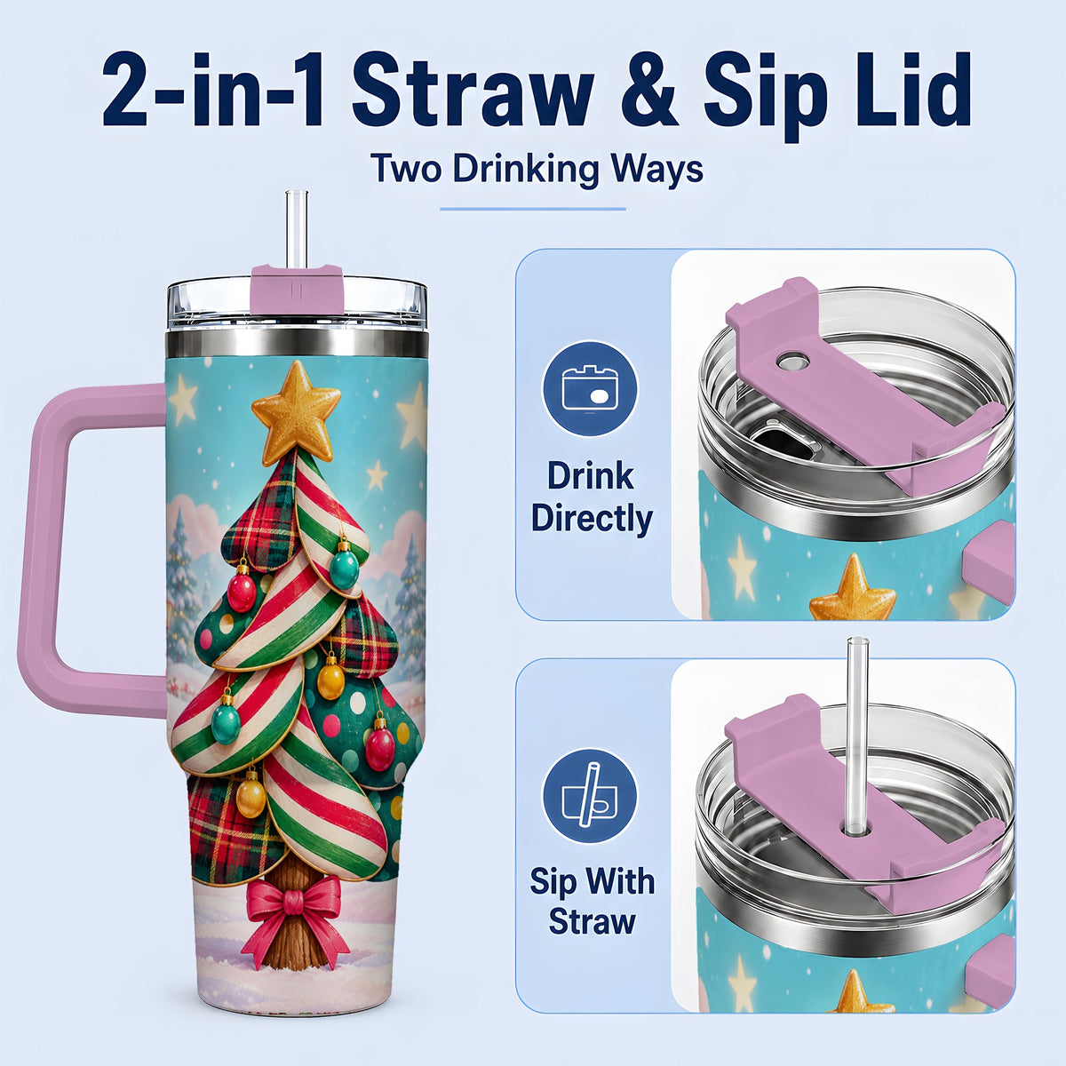 #pl[40oz|Pink] Plaid Christmas Tree 40oz Handled Tumbler, Festive Winter Drinkware