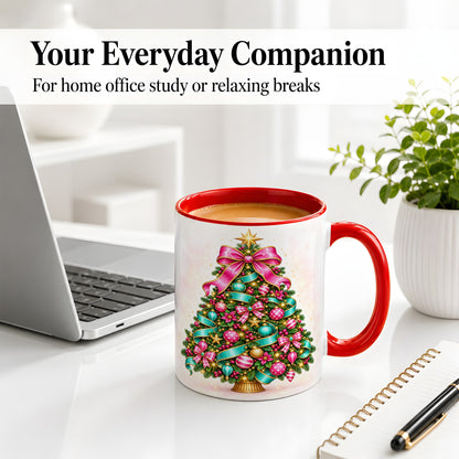 #pl[11oz|Red] Colorful Christmas Tree Accent Mug, Ceramic Holiday Coffee Cup