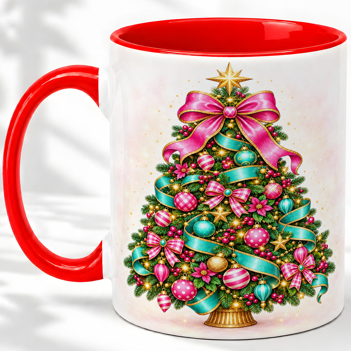 Colorful Christmas Tree Accent Mug, Ceramic Holiday Coffee Cup
