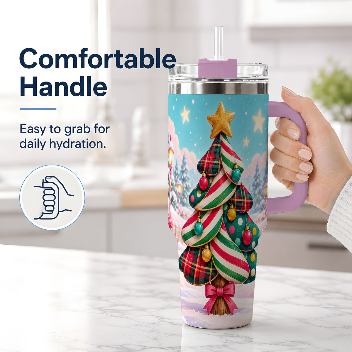 #pl[40oz|Pink] Plaid Christmas Tree 40oz Handled Tumbler, Festive Winter Drinkware
