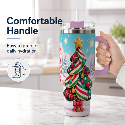 #pl[40oz|Pink] Plaid Christmas Tree 40oz Handled Tumbler, Festive Winter Drinkware