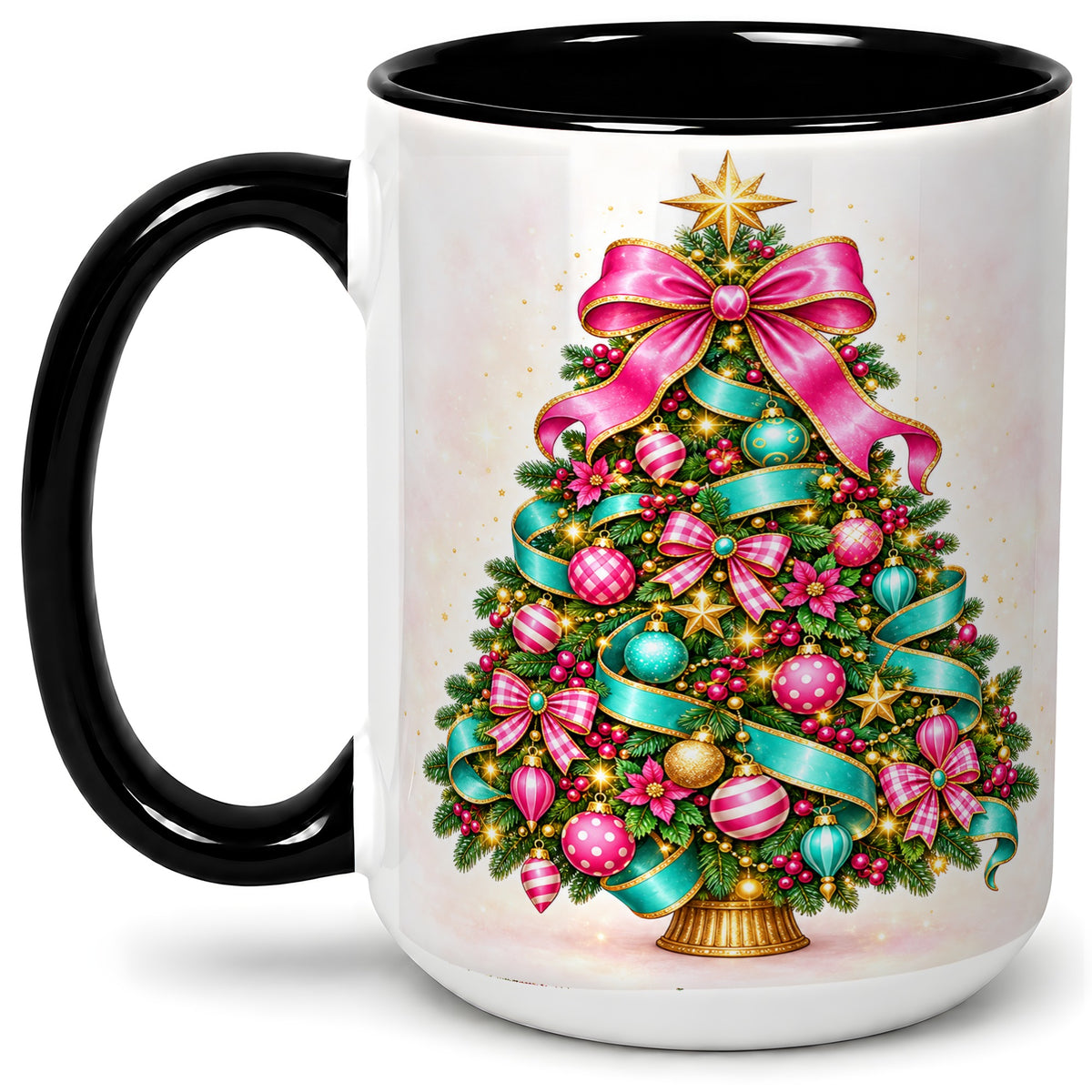 #pl[15oz|Black] Colorful Christmas Tree Accent Mug, Ceramic Holiday Coffee Cup