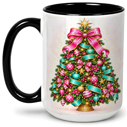 #pl[15oz|Black] Colorful Christmas Tree Accent Mug, Ceramic Holiday Coffee Cup