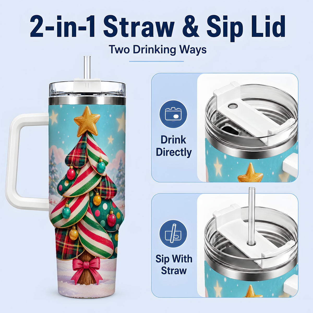 #pl[40oz|White] Plaid Christmas Tree 40oz Handled Tumbler, Festive Winter Drinkware
