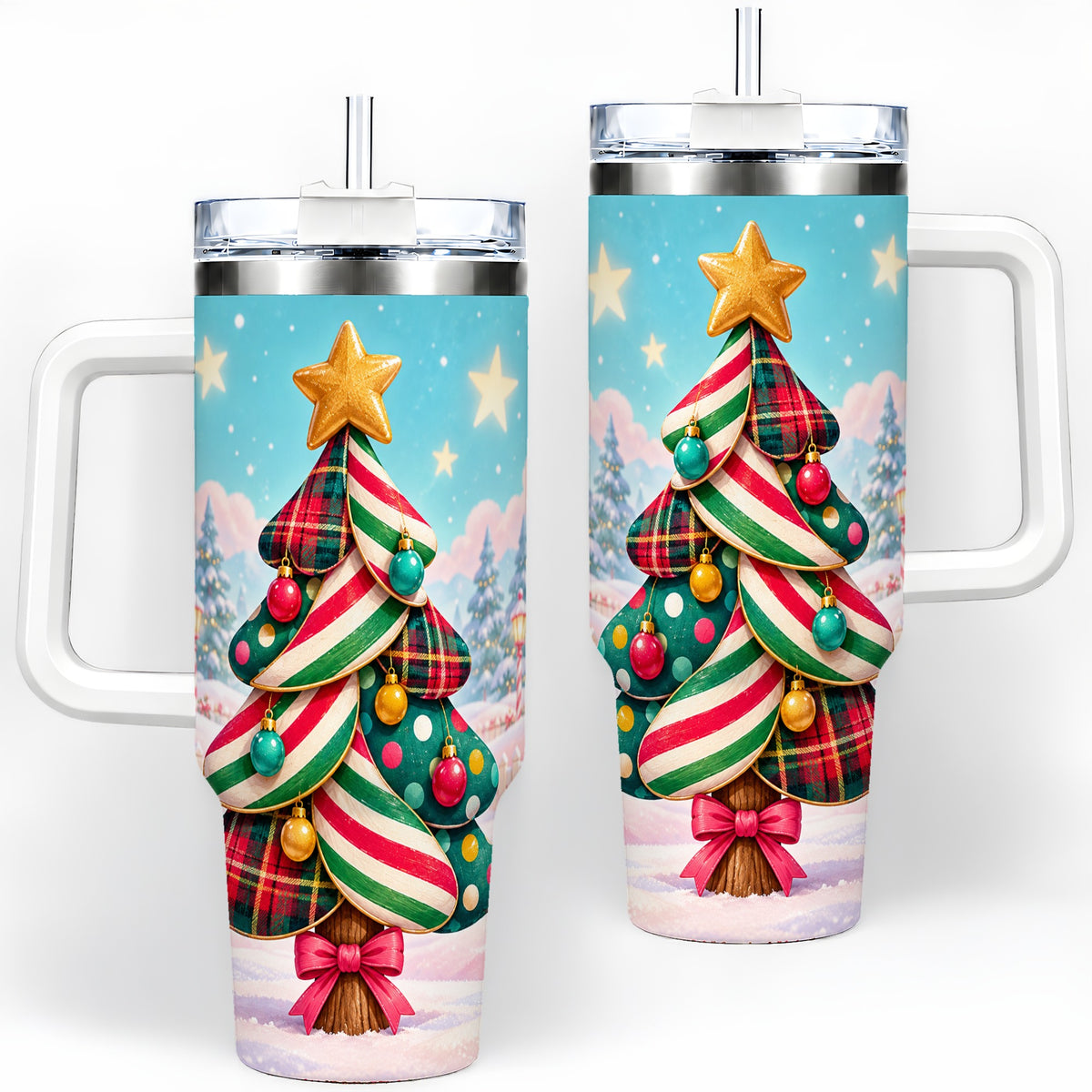 Plaid Christmas Tree 40oz Handled Tumbler, Festive Winter Drinkware